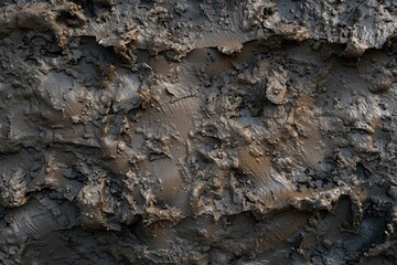 Fototapeta premium Close-up of wet, muddy soil with a rough texture and scattered puddles. Detailed view of saturated earth, ideal for environmental or geological themes.