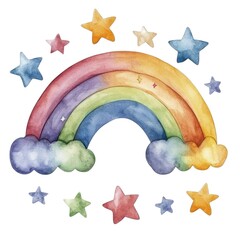 A colorful watercolor rainbow surrounded by stars and clouds evokes a whimsical, cheerful atmosphere.