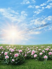 Fototapeta premium A Stunning Display of Pink Roses in a Lush Garden, Perfect for Spring or Summer