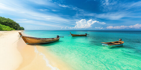 A serene beach with clear turquoise waters and scattered wooden boats, bordered by lush greenery, perfect for a peaceful escape into nature's beauty.