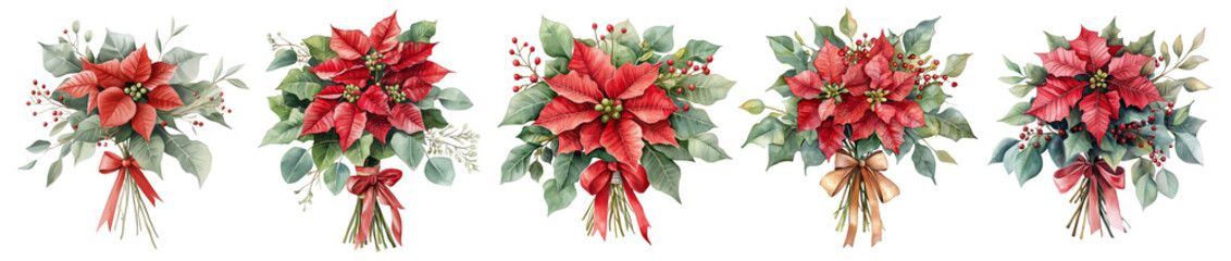 Set of watercolor bouquet of red poinsettia, tied with ribbon, eucalyptus, gum leaves, sage green, watercolor, isolated on a Transparent background
