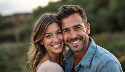Obraz premium Happy young couple smiling together in a natural outdoor setting. Love and relationship concept.