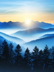 Obraz premium Majestic Sunrise Over Misty Mountain Ranges: A Breathtaking Landscape Painting