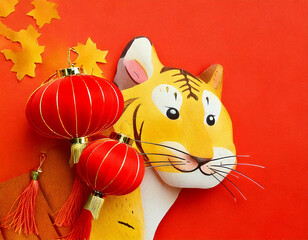 Fototapeta premium Chinese Tiger and Red Paper Lanterns, New Year Festival. 