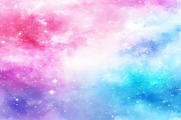 Dreamy pastel galaxy watercolor background, perfect for websites, social media, or design projects.  Features vibrant pink, blue, and purple hues with sparkling stars.