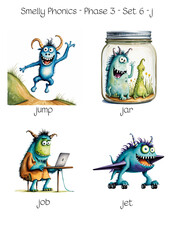 Fototapeta premium Smelly Phonics - Phase 3 - Set 6 - j - jump, jar, job, jet