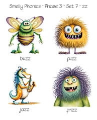 Obraz premium Smelly Phonics - Phase 3 - Set 7 - zz - buzz, fuzz, jazz, frizz