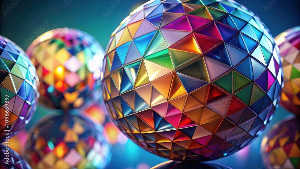 Aufkleber A close-up view of a colorful, geometric sphere composed of multiple metallic triangular facets, reflecting light and casting subtle shadows on the surrounding spheres.