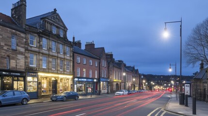 A street scene at dusk with historic buildings and light trails from passing cars.