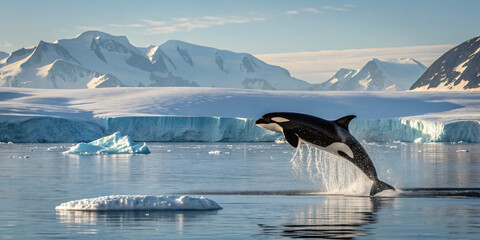 Naklejka premium Majestic Orca jumping out of the water in arctic, created by Generative AI