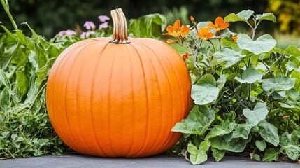 Obraz premium Bright Orange Pumpkin in Lush Autumn Pumpkin Patch with Flowers and Vines