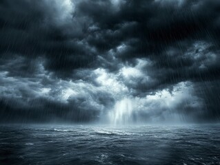 Dramatic Stormy Ocean Under Dark Clouds. Powerful Rain and Waves. Nature's Fury.