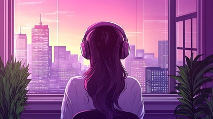 Beautiful Girl with Headphones Looking at the City from Her Apartment Window, Purple Sky, Anime Style, Lo-Fi Aesthetics, Digital Painting, High Resolution, Detailed Illustration, Beautiful Cityscape a