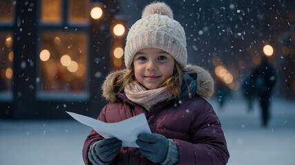 A young girl in a purple coat and hat reading a letter in the snow, surrounded by glowing festive lights and a calm atmosphere