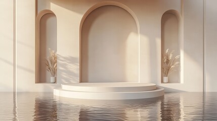 Fototapeta premium 3d background product display podium scene with leaf geometric platform,cloud and sky, palm shadows and white stone podium,Mockup for eco beauty cosmetic advertising,Copy space.