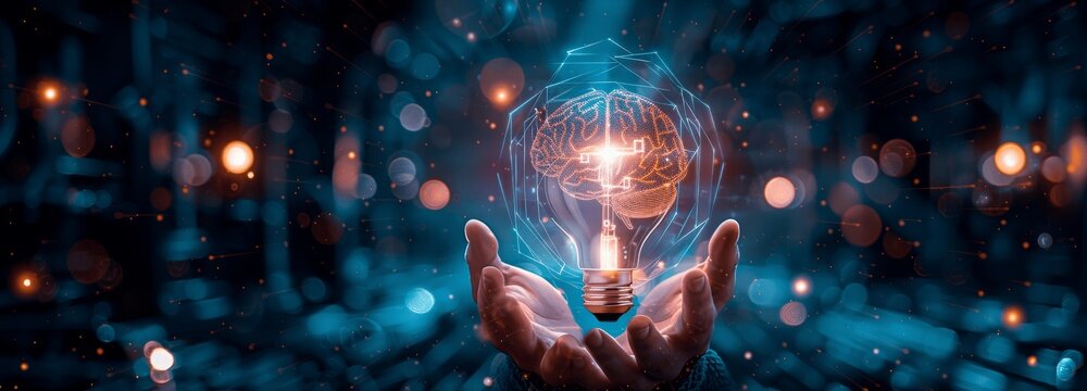 Innovation and Inspiration Concept: Businessman Holding Light Bulb and Digital Brain in Futuristic Technology Interface for AI Machine Learning