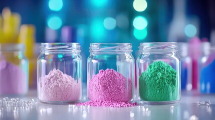 Colorful Chemical Powders in Glass Jars on a Studio Setup Table