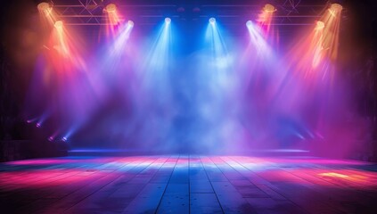 Vivid empty stage with colorful lights and smoke creating a mystical atmosphere illuminated with blue purple hues wooden floor club