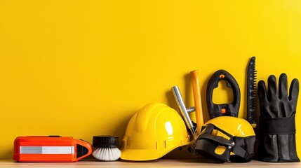 Fototapeta premium Yellow Construction Tools and Safety Gear on Vibrant Yellow Background