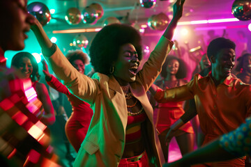 Obraz premium People dancing under disco balls with colorful lights and vibrant nightlife