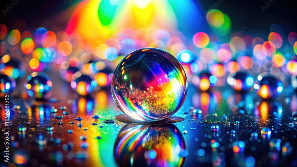 Poster a single iridescent sphere reflecting a vibrant kaleidoscope of light, surrounded by a field of blur