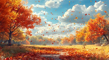 Fototapeta premium Scenic landscape with golden autumn leaves falling from trees