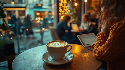 Enjoy the warmth of a coffee shop where casual conversations blend with focused work over a cup of artisanal coffee at dusk