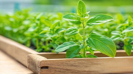 Vibrant Oregano Sprig on Wooden Tray with Thriving Plants in Sunlight
