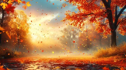 Fototapeta premium Scenic landscape with golden autumn leaves falling from trees
