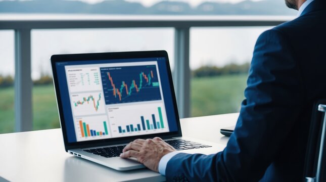 Business professional analyzing financial data on laptop overlooking scenic outdoor view, charts displayed with vibrant colors showcasing market trends.