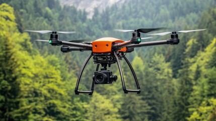 Aerial view of a camera drone soaring above a dense forest, capturing vibrant greenery below