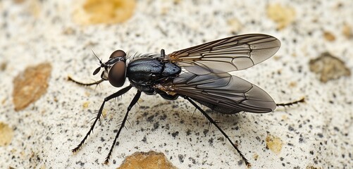 A black soldier fly sitting on a speckled rock, detailed texture visible on its body and wings