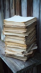 Naklejka premium Neutral-colored books with blank covers are neatly stacked on a wooden surface in a simple and minimalistic educational space