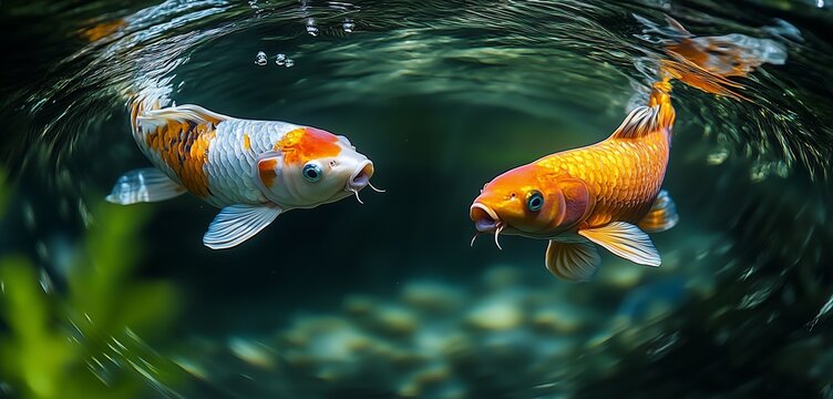 Artistic close-up of two koi fish circling each other aggressively in a serene pond