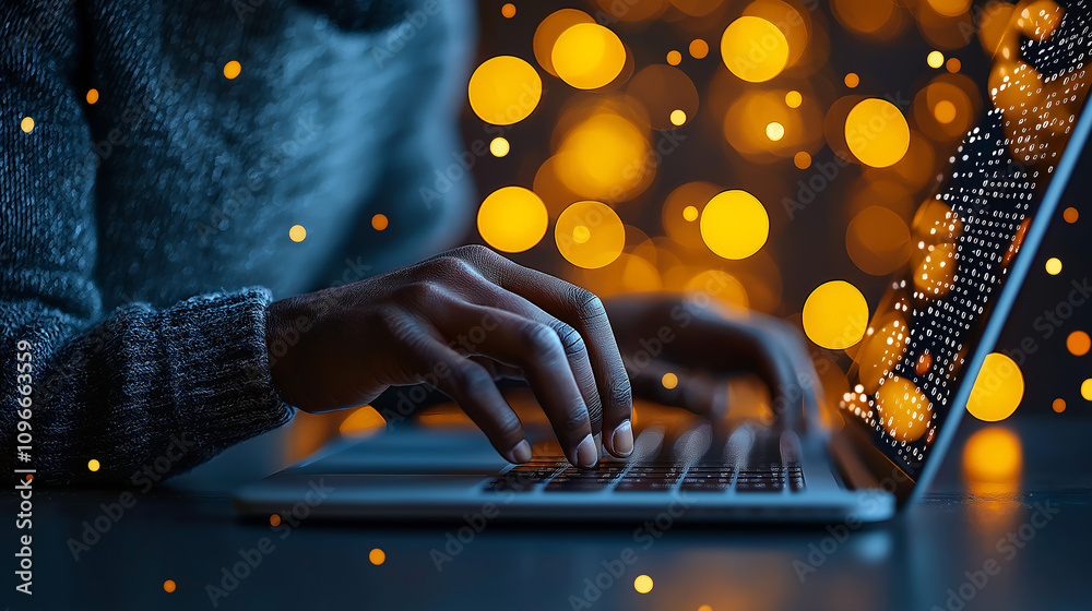 Fototapete close up of person typing on laptop with glowing bokeh lights in background, creating warm and inviting atmosphere