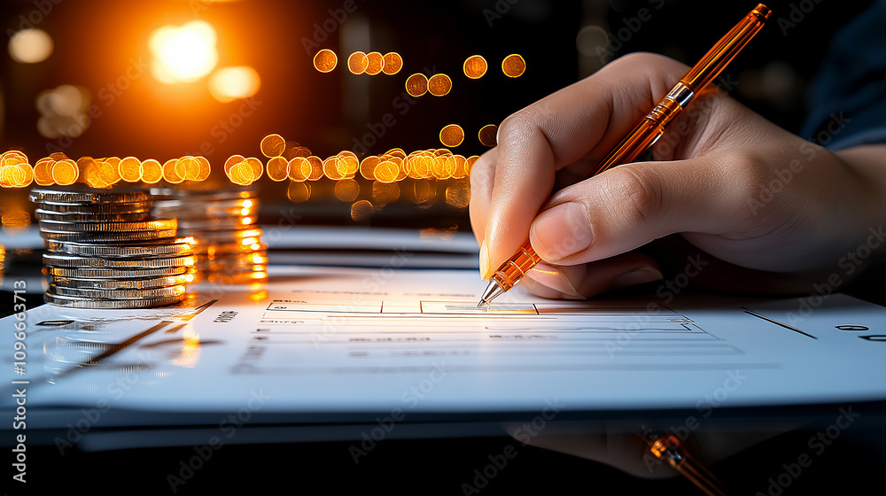 Aufkleber close up of hand filling out form with pen, surrounded by coins and warm bokeh lights. scene conveys sense of financial planning and organization