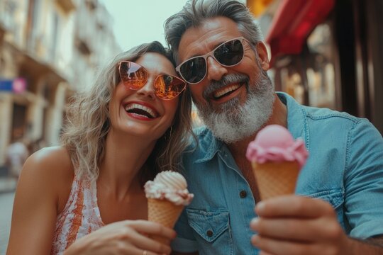 Middle age couple smiling happy eating ice cream at street of city.