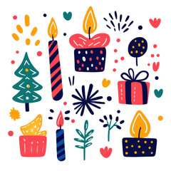 Colorful and Whimsical Holiday Illustrations with Candles, Gifts, and Festive Decorations for Celebration Themes