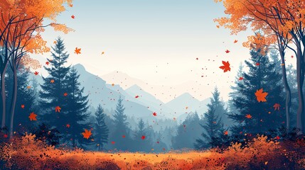 Scenic landscape with golden autumn leaves falling from trees