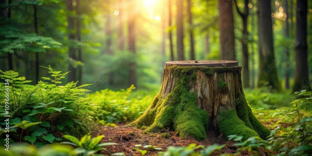 Poster a moss-covered tree stump in the middle of a lush green forest, bathed in the warm glow of the setti