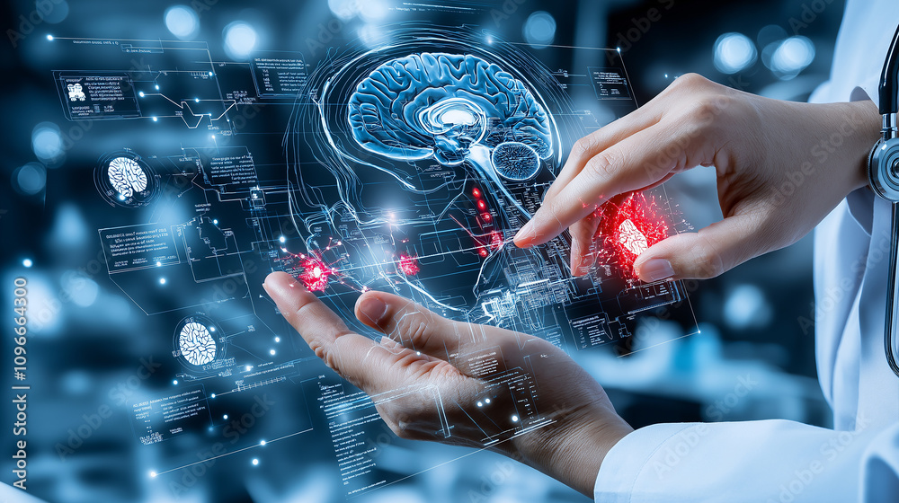 Poster doctor analyzing patient data on holographic display, showcasing brain activity and health metrics. 