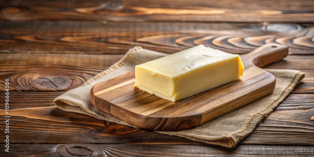 Poster a block of butter rests on a wooden cutting board, placed on a natural hessian cloth, over a rustic 