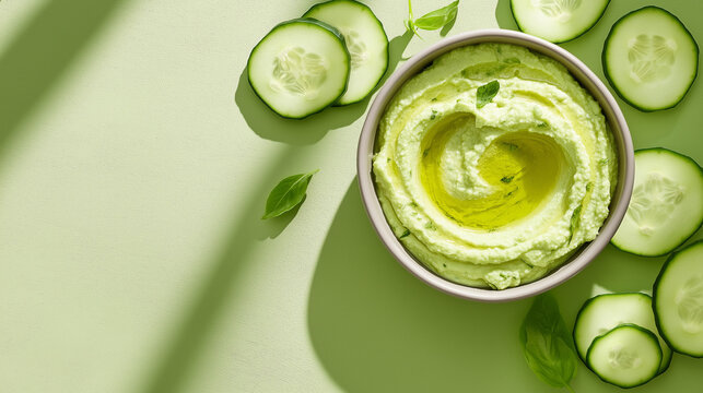 A bowl of creamy cucumber hummus garnished with olive oil is surrounded by freshly sliced cucumbers on a light green surface, emphasizing health and freshness.