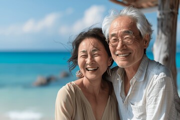Obraz premium Elderly Asian Couple Smiling on the Beach in Summer Vacation Under Blue Sky in Korean Portrait Photography Style