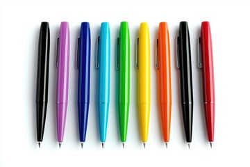 Vibrant Collection of Colorful Pens Arranged in a Straight Line, Isolated