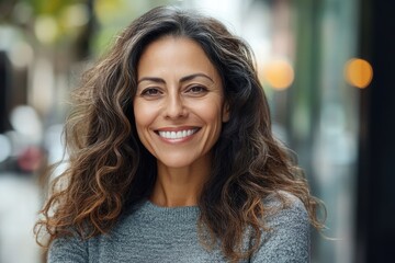 Obraz premium Confident middle aged Hispanic woman smiling on street.