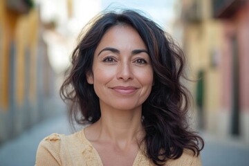 Confident middle aged Hispanic woman smiling on street.