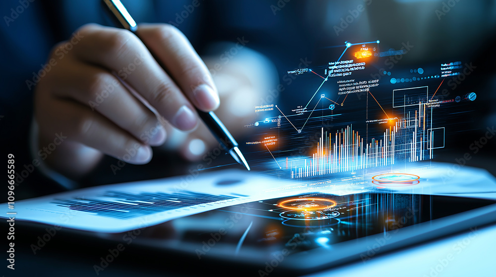 Poster professional analyzing investment opportunities with digital graphs and charts. focus is on data driven decision making in finance