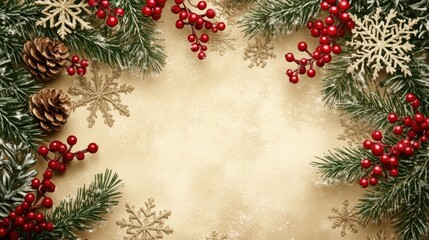 Blank Christmas greeting card displayed with classic holiday items like snowflakes, red berries, and fir branches, perfect for personalized greetings.