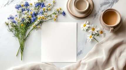 Blank greeting card with a delicate bouquet of wildflowers on white.